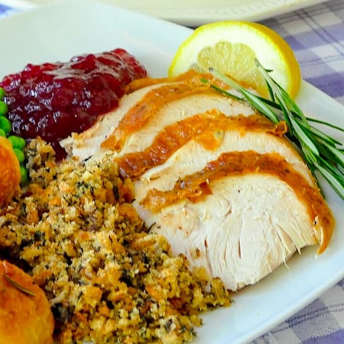 Lemon Rosemary Brined Roasted Turkey square close up photo for featured image.