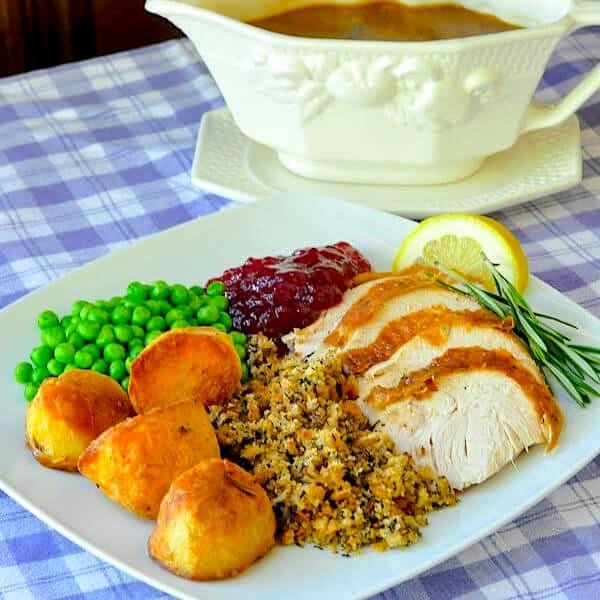 Lemon Rosemary Brined Roasted Turkey wide shot photo of a single serving plate