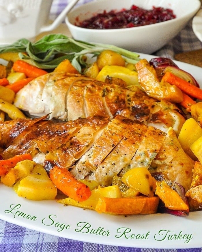 Lemon Sage Butter Roast Turkey photo with title text added for Pinterest and social media/