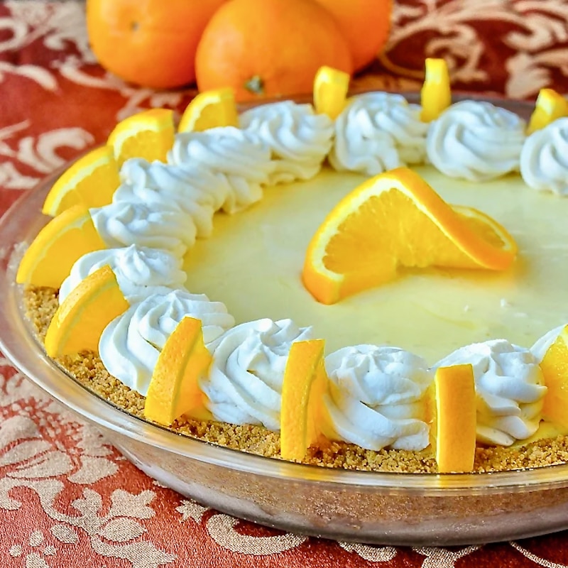 Orange Creamsicle Pie close up photo of entire finished pie