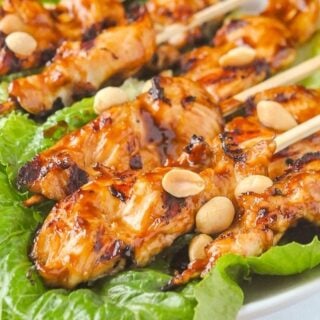 Close up photo of Peanut Butter Sriracha Chicken Satay on a bed of lettuce for Google featured image.