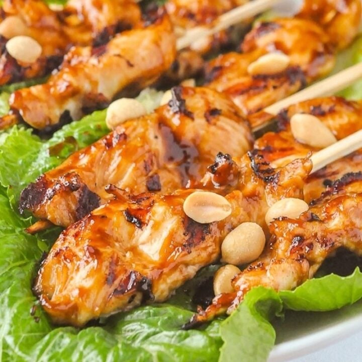 Close up photo of Peanut Butter Sriracha Chicken Satay on a bed of lettuce for Google featured image.