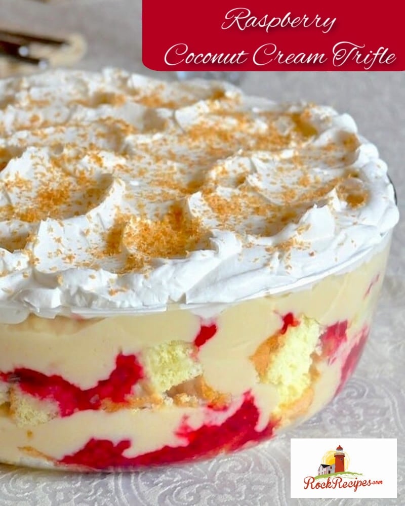 Raspberry Coconut Cream Trifle. photo with title text added for social media.