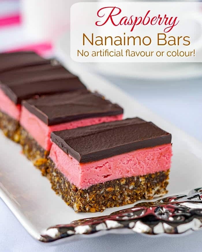 Raspberry Nanaimo Bars image with title text added for social media.