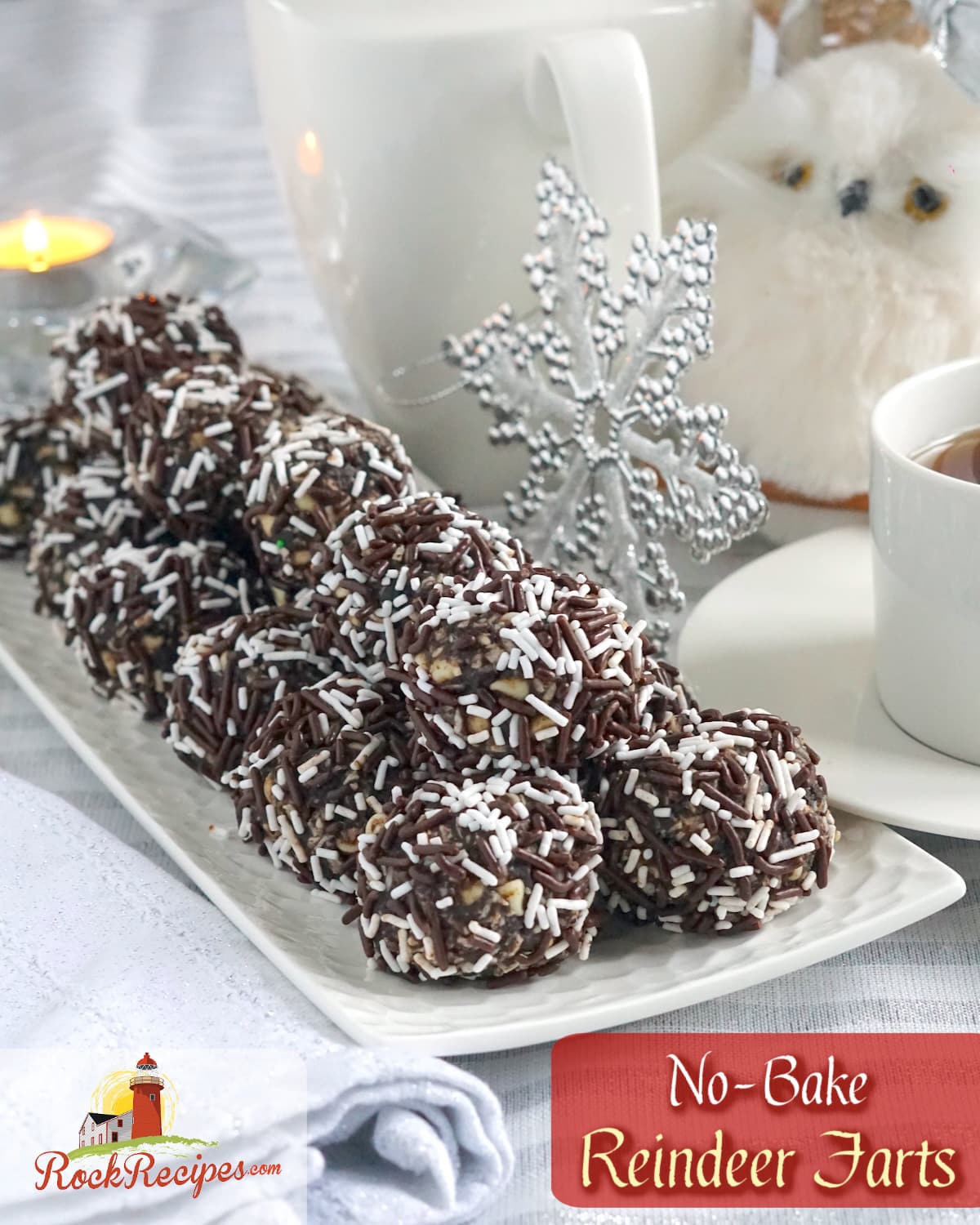 Reindeer farts photo on a white plate with title text added for Pinterest