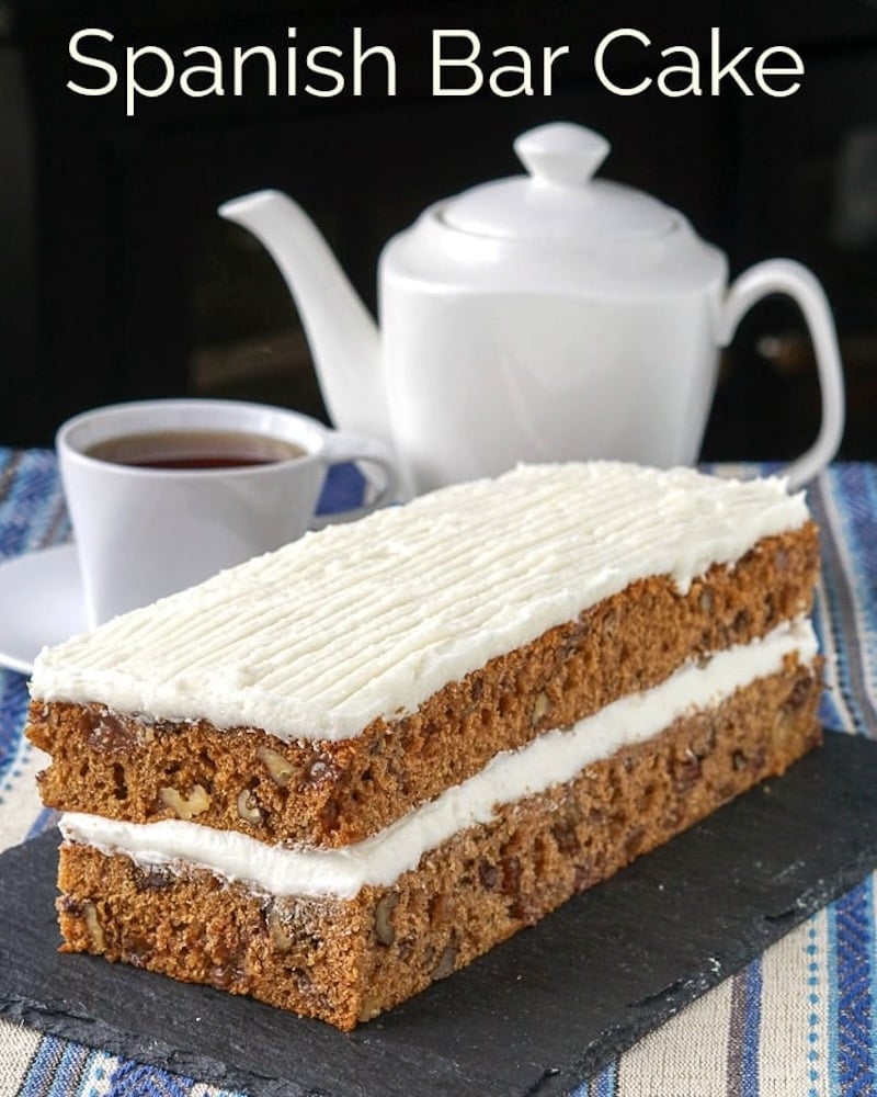 Spanish Bar Cake image with title text for social media.
