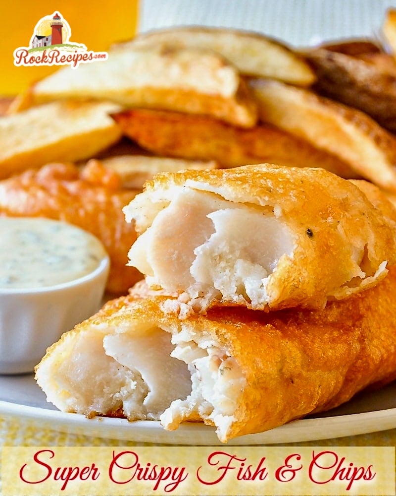 Super Crispy Fish and Chips photo with title text added for social media posts.