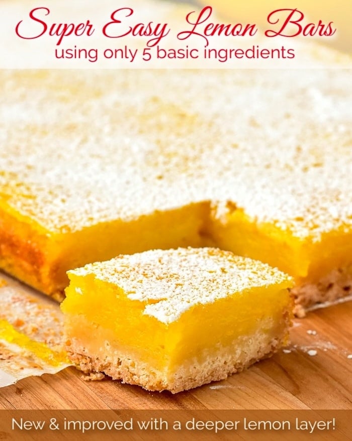 Super Easy Lemon Bars shown on a wooden cutting board with title text added for social media