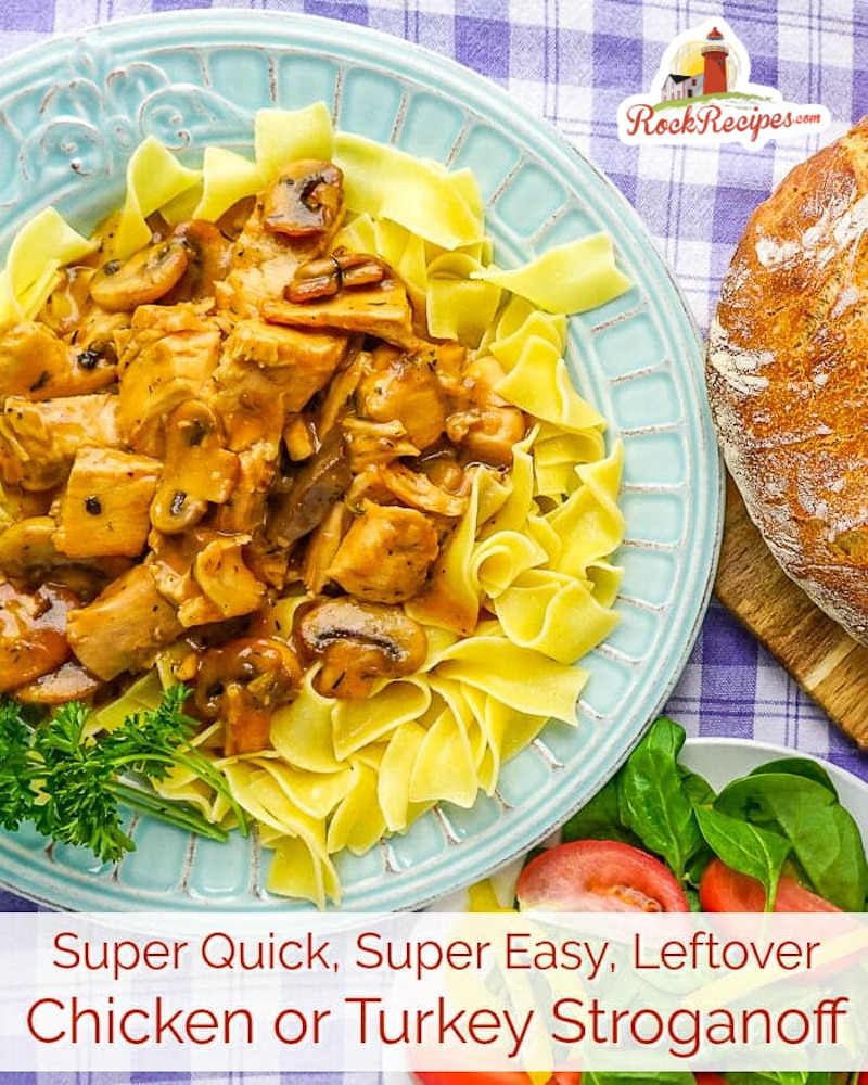 Easy Leftover Turkey Stroganoff. Photo with title text added for social media posts.
