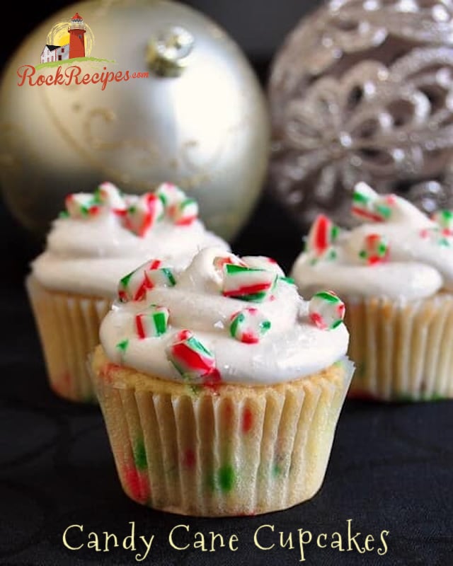 Candy Cane Cupcakes photo with title text added for social media