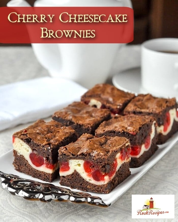 Cherry Cheesecake Brownies with title text added for social media