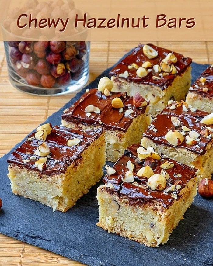 Chewy Hazelnut Bars image with title text for social media platforms.
