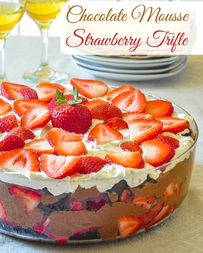 Chocolate Mousse Strawberry Trifle photo with title text added for social media.