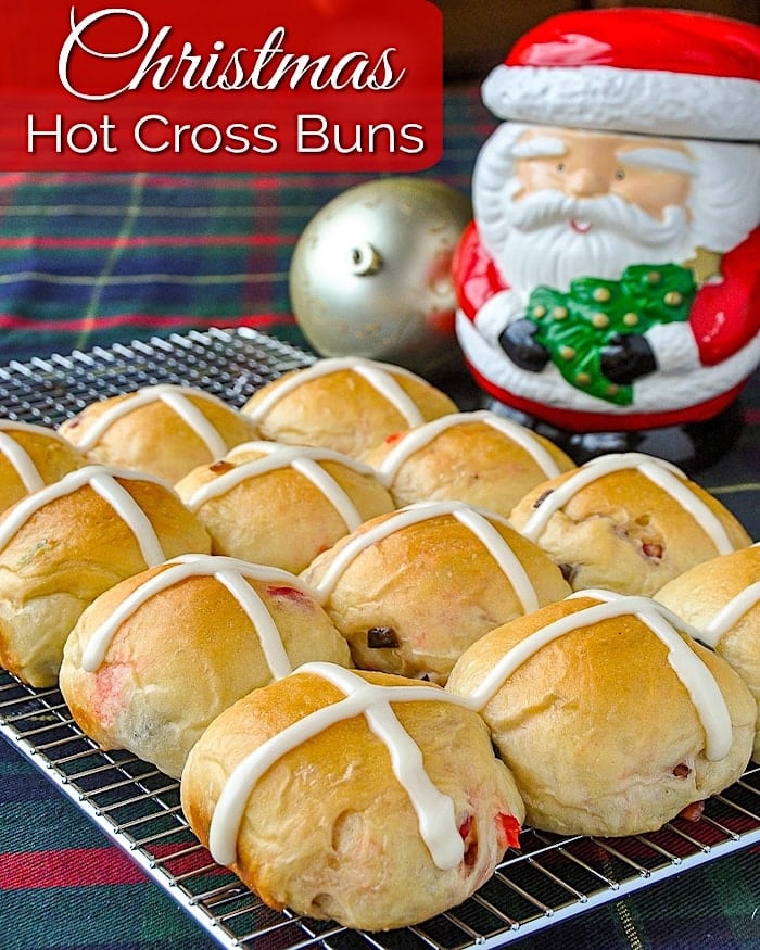 Christmas Hot Cross Buns photo with title text for social media.