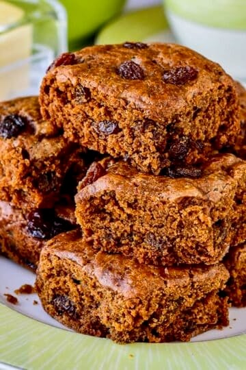 Close up photo of stacked Molasses Raisin Buns