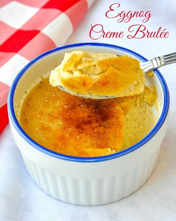 Eggnog Creme Brulée photo with title text for social media