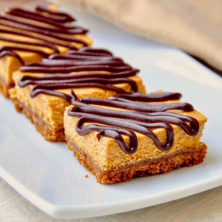 Gingersnap Pumpkin Cheesecake Bars close up photo of bars on a white platter
