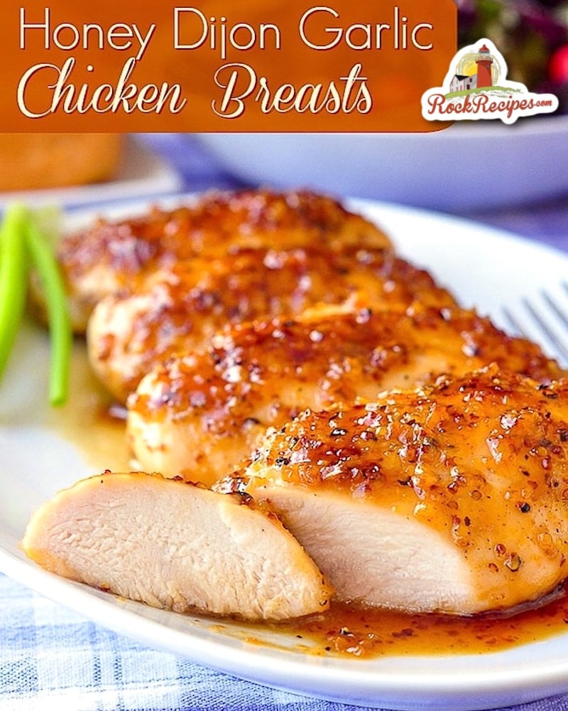 Honey Dijon Garlic Chicken Breasts image with title text added for social media posts.