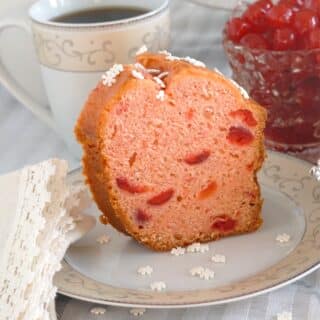 Maraschino Cherry Almond Pound Cake photo cropped image of one slice for social media