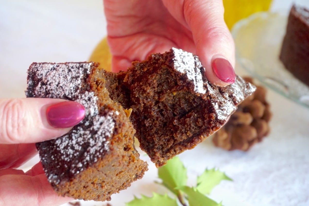 Newfoundland Jamaican Black Christmas Cake close up photo of a pice of cake broken open to show crumb structure