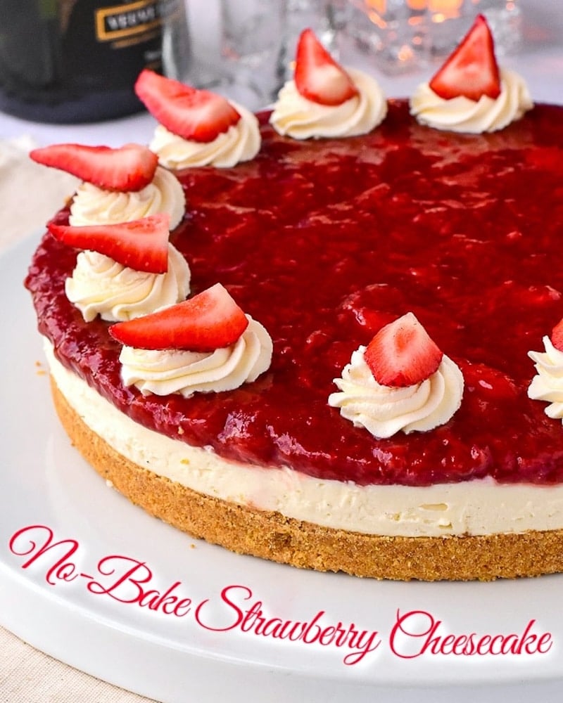 No Bake Strawberry Cheesecake photo of uncut cake with title text added for social media.