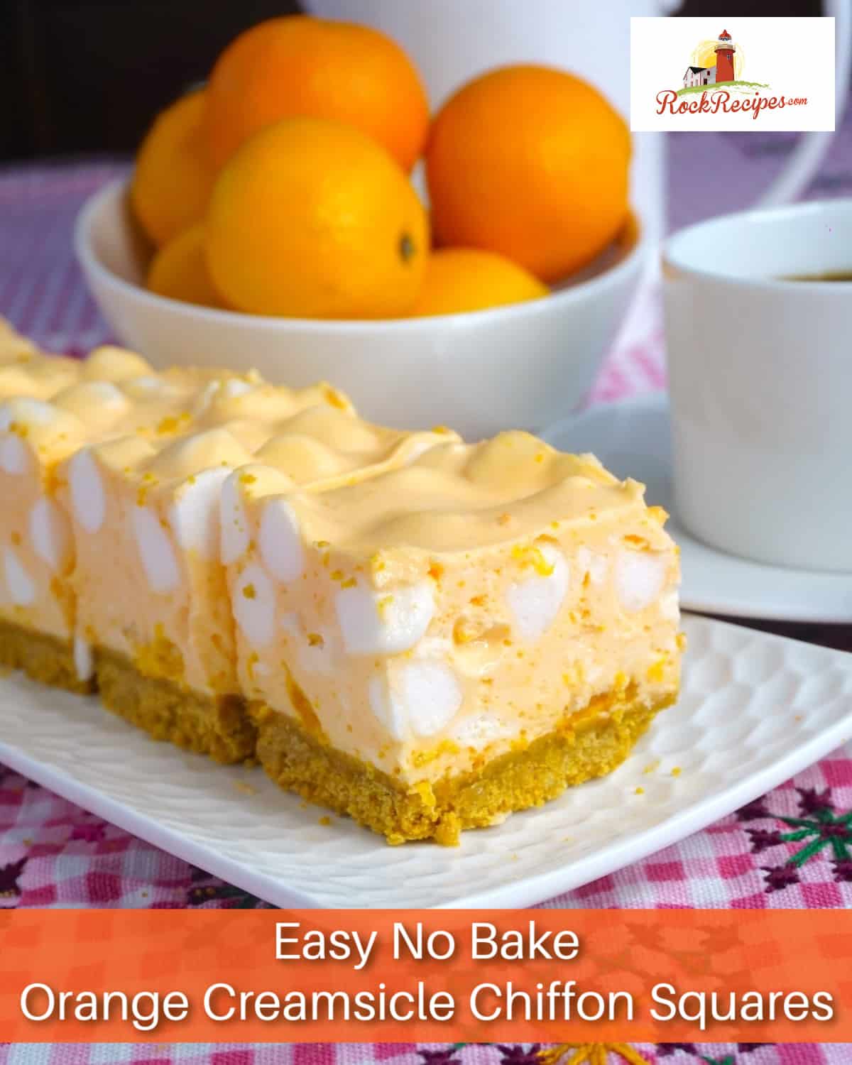 Orange Creamsicle Chiffon Squares photo with title text added for pinterest on a white pebbled plate.