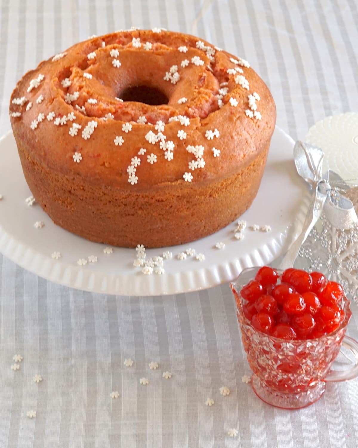 Overhead shot of Maraschino Cherry Almond Pound Cake