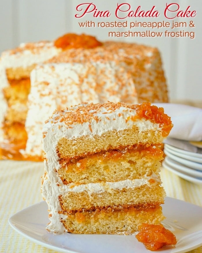 Pina Colada Cake photo of a cake slice with title text added for social media.