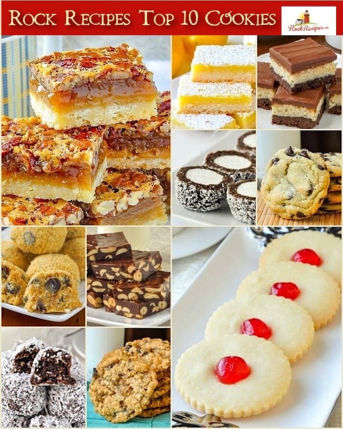 Rock Recipes TOP TEN Cookie Recipes photo collage with title text added for social media
