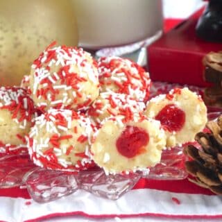 Santa Farts Cherry Almond No Bake Treats close up photo showing one cookie cut through the center sized for social media