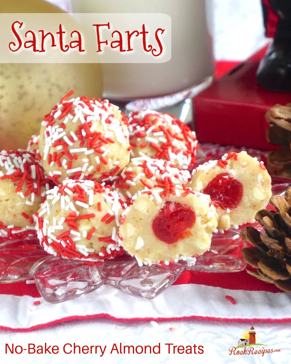 Santa Farts Cherry Almond No Bake Treats close up photo with title text added for Pinterest and social media