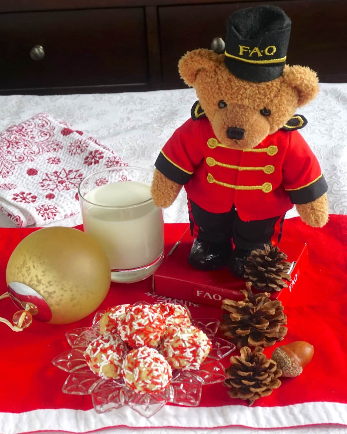 Santa Farts Cherry Almond No Bake Treats wide shot photo with a Christmas Bear in the background