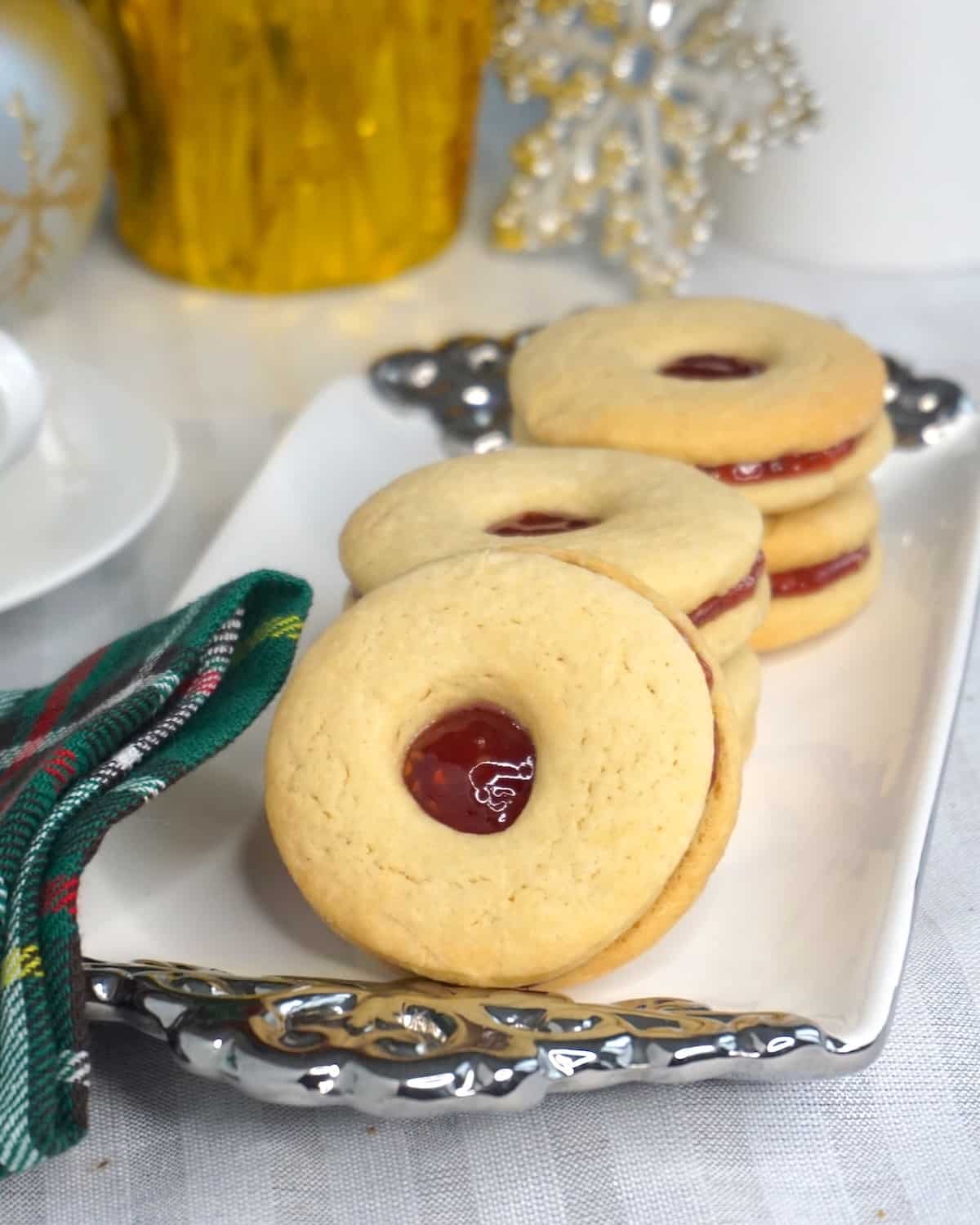 Tee Vee Cookies wide shot photo of cookies on a white and silver platter.