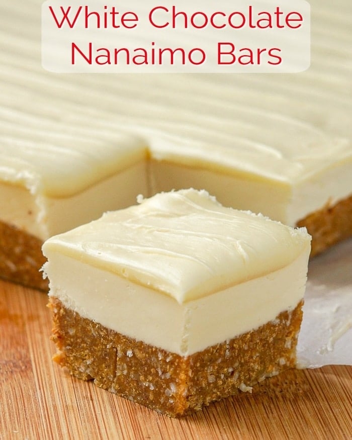 White Chocolate Nanaimo Bars photo with title text for social media.