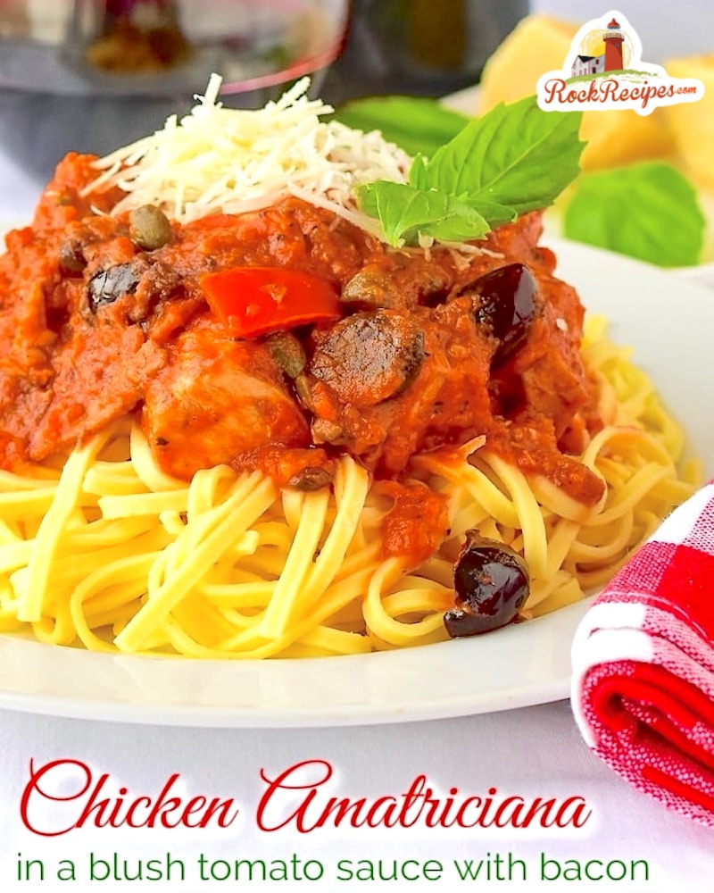 Chicken Amatriciana photo with title text added for social media posts