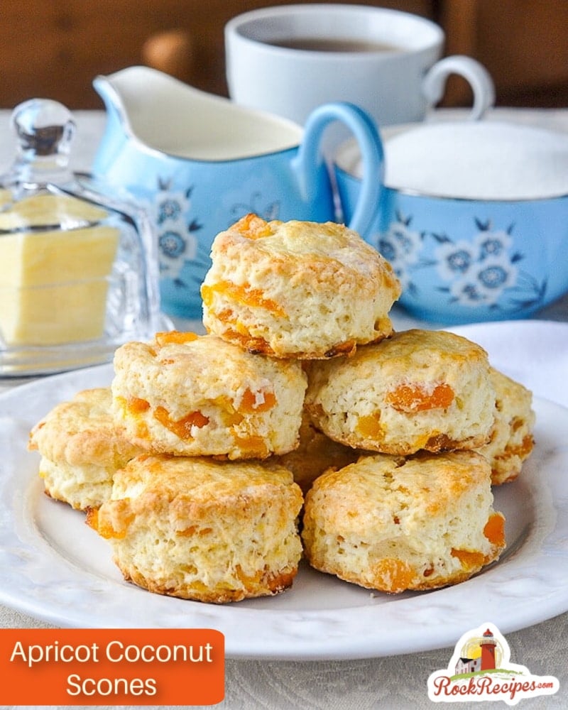 Apricot Coconut Scones photo with title text added for Pinterest and social media posts.