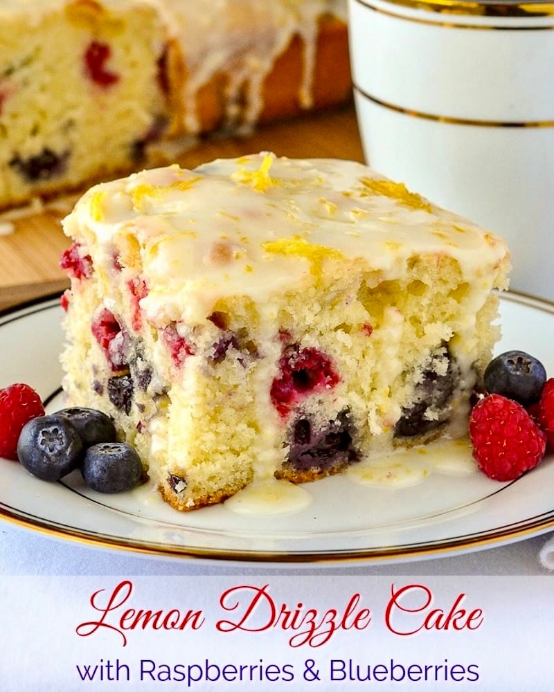 Lemon Drizzle Cake photo of a single serving with title text added for social media posts.