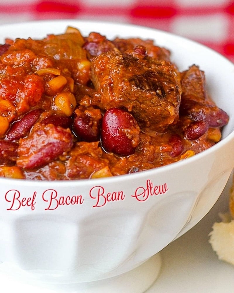 Beef Bacon Bean Stew photo with title text for social media.