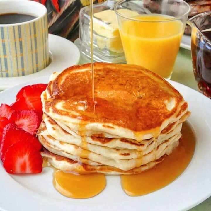Best Basic Buttermilk Pancakes close up photo for Google featured image.