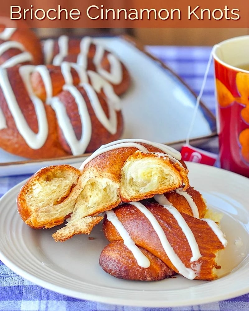 Brioche Cinnamon Knots image with title text for social media posting.