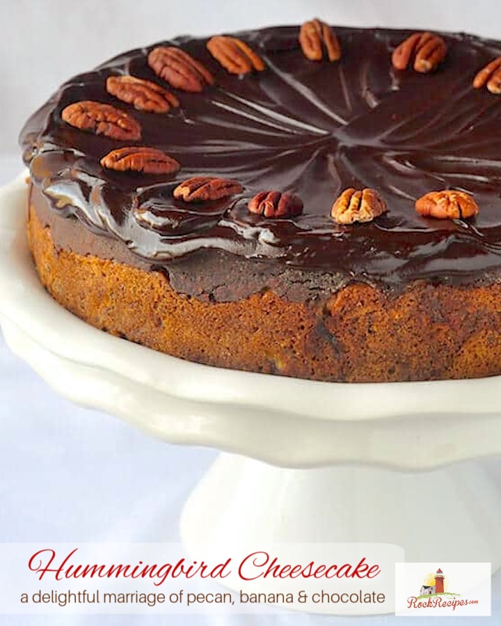 Chocolate Hummingbird Cheesecake photo with title text added for social media posting.