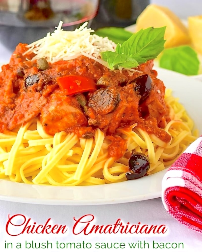 Chicken Amatriciana photo with title text added for Pinterest
