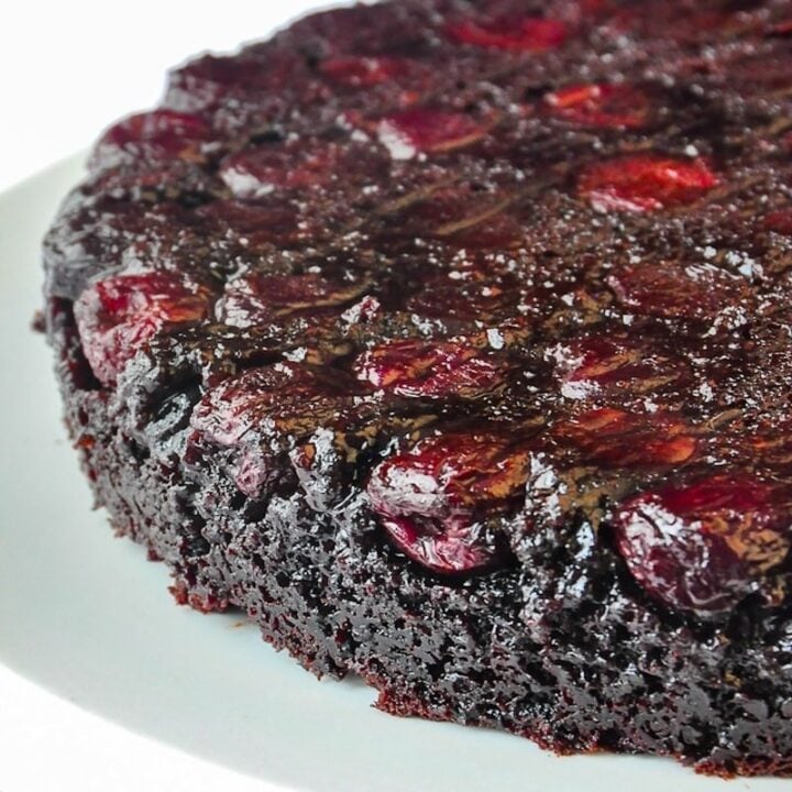 Chocolate Cherry Upside Down Cake phot showing uncut cake for featured Google image.