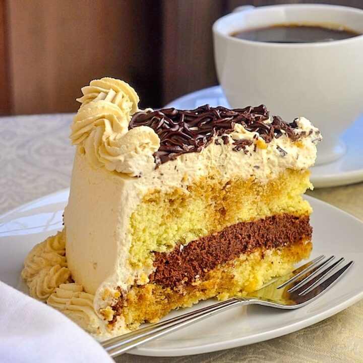 Chocolate Filled Kahlua Tiramisu Cake close up photo of a single slice on a white plate