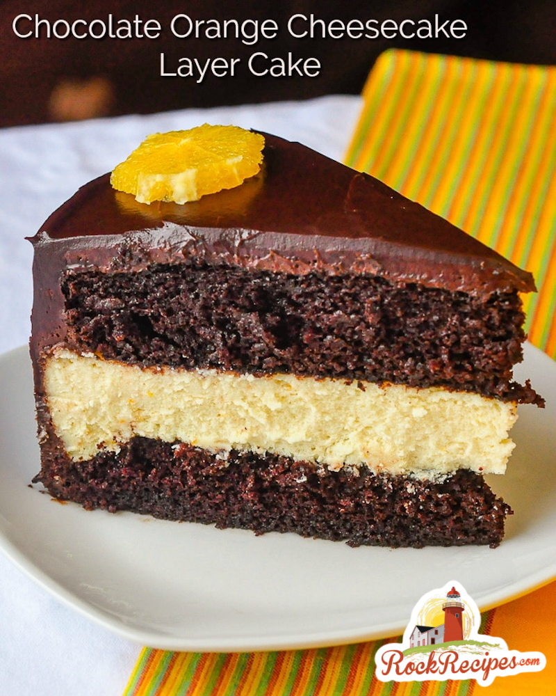 Chocolate Orange Cheesecake Layer Cake photo with title text for social media posts.