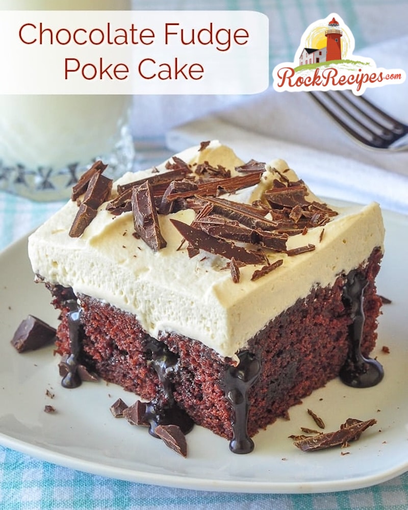 Chocolate Poke Cake image with title text for social media posts.