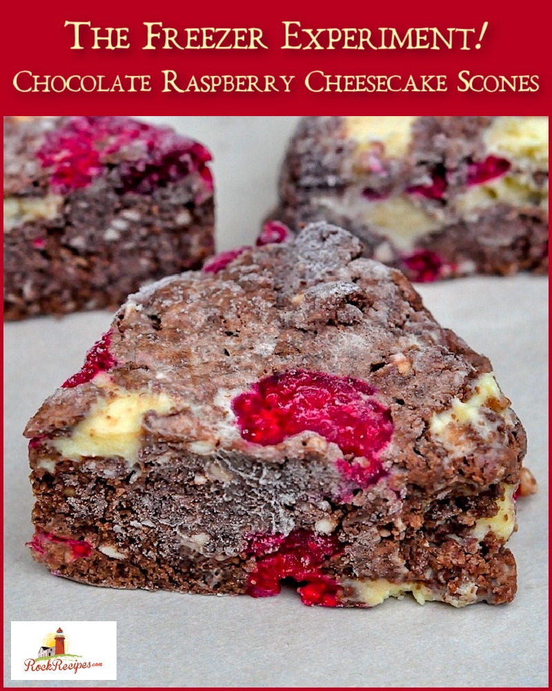 Chocolate Raspberry Cheesecake Scones photo with title text added for social media.