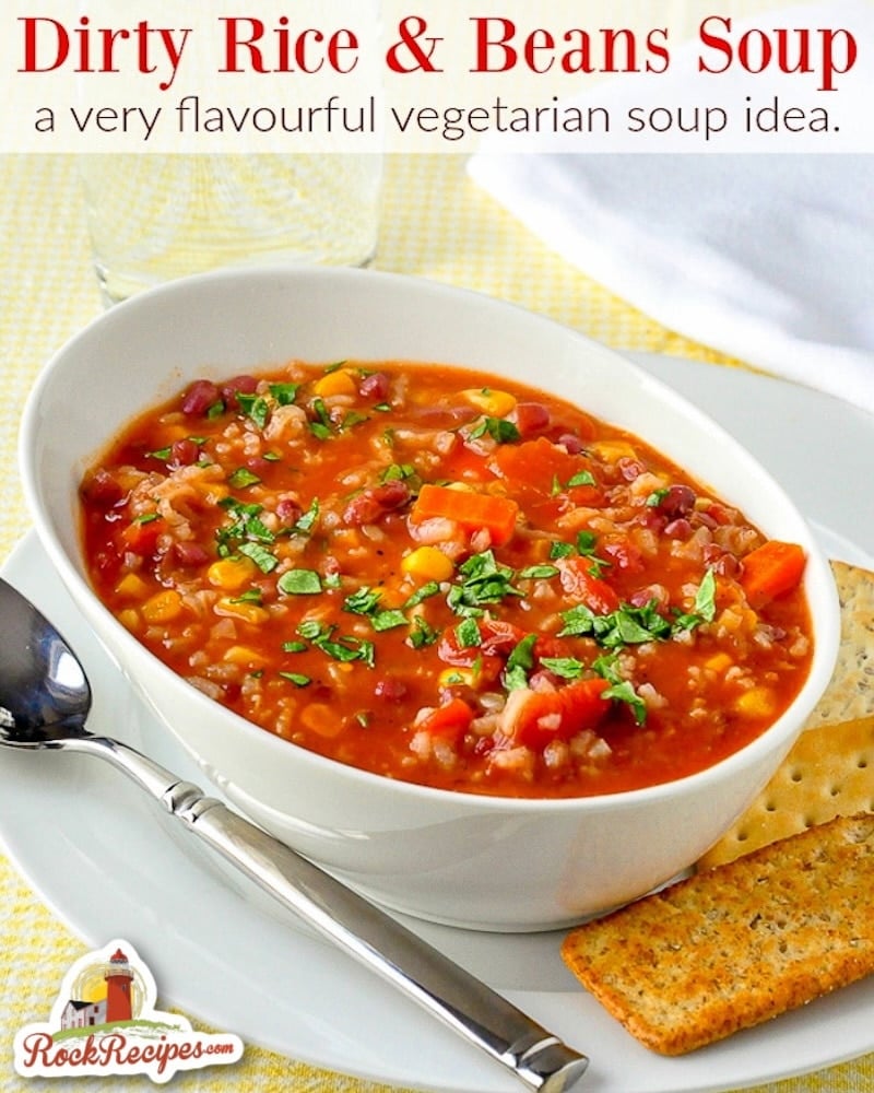 Dirty Rice and Beans Soup. Photo with title text added for social media posts.
