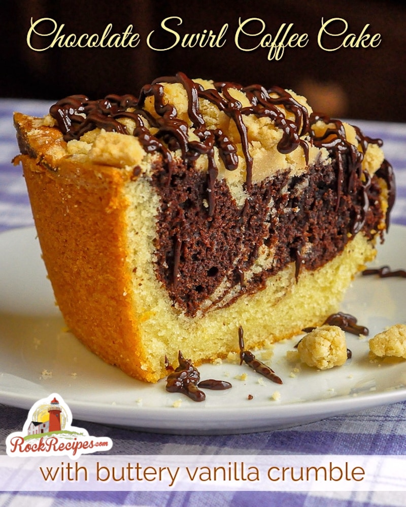 Chocolate Swirl Coffee Cake photo with title text added for social media posts.