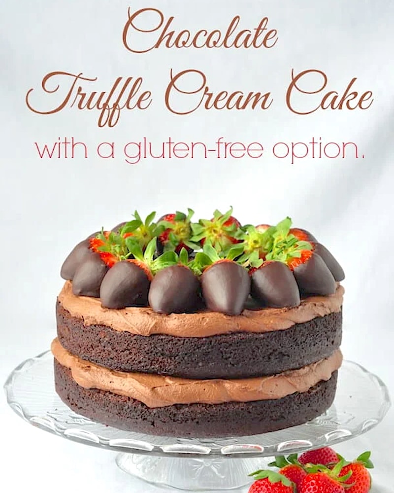 Chocolate Truffle Cream Cake with a gluten free option, photo with title text added for social media posting.